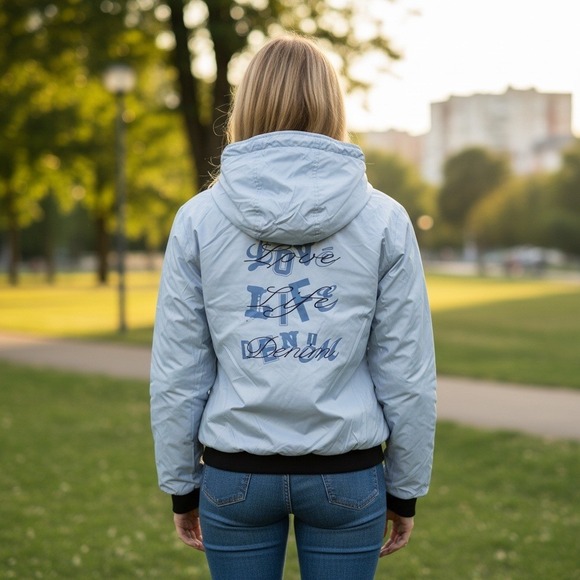 Vintage Azzure Blue Puffer Jacket Hooded Zip Up Bomber Style Reversible Size M - Picture 2 of 14